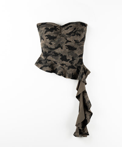 ヴィンテージカモフラアシンメトリーフリルベアトップス / vintage camouflage asymmetry frill bare tops