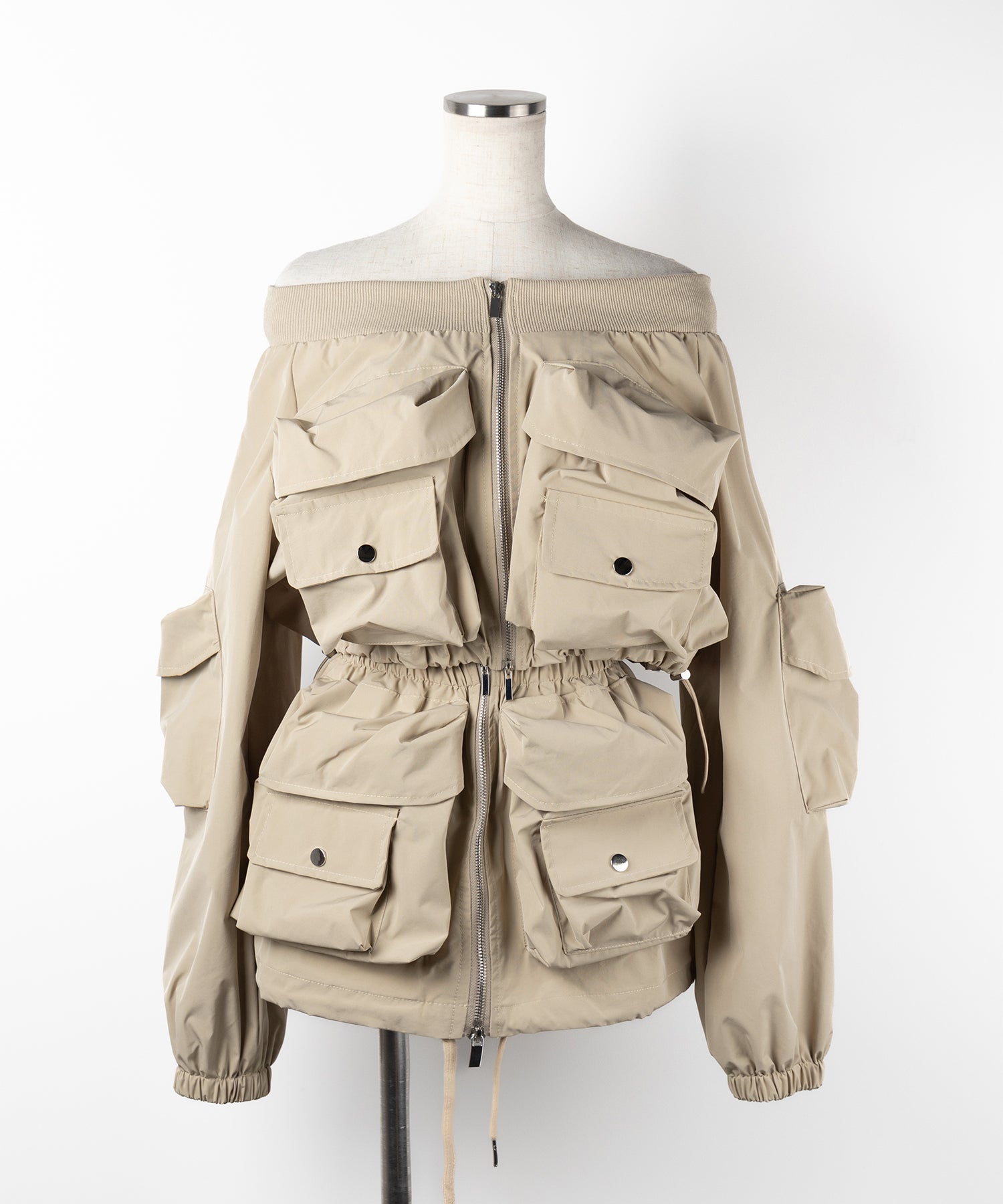 【 セットアップ 】アウトポケットオフショルカーゴブルゾン & ダブルジップカーゴミニスカート SET / out pocket off shoulder cargo blouson & double zip cargo mini skirt SET