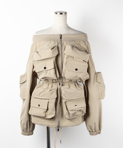 【 セットアップ 】アウトポケットオフショルカーゴブルゾン & ダブルジップカーゴミニスカート SET / out pocket off shoulder cargo blouson & double zip cargo mini skirt SET