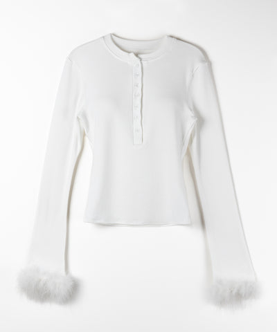 【 2color 】ファースリーブヘンリーネックリブトップス / fur sleeve henley neck lib tops