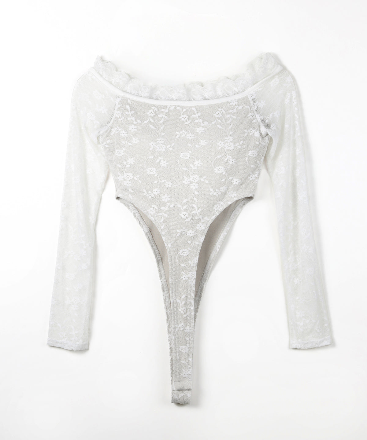 【 2color 】フラワーレースレイヤードオフショルボディスーツトップス /Flower lace layered off shoulder bodysuit tops
