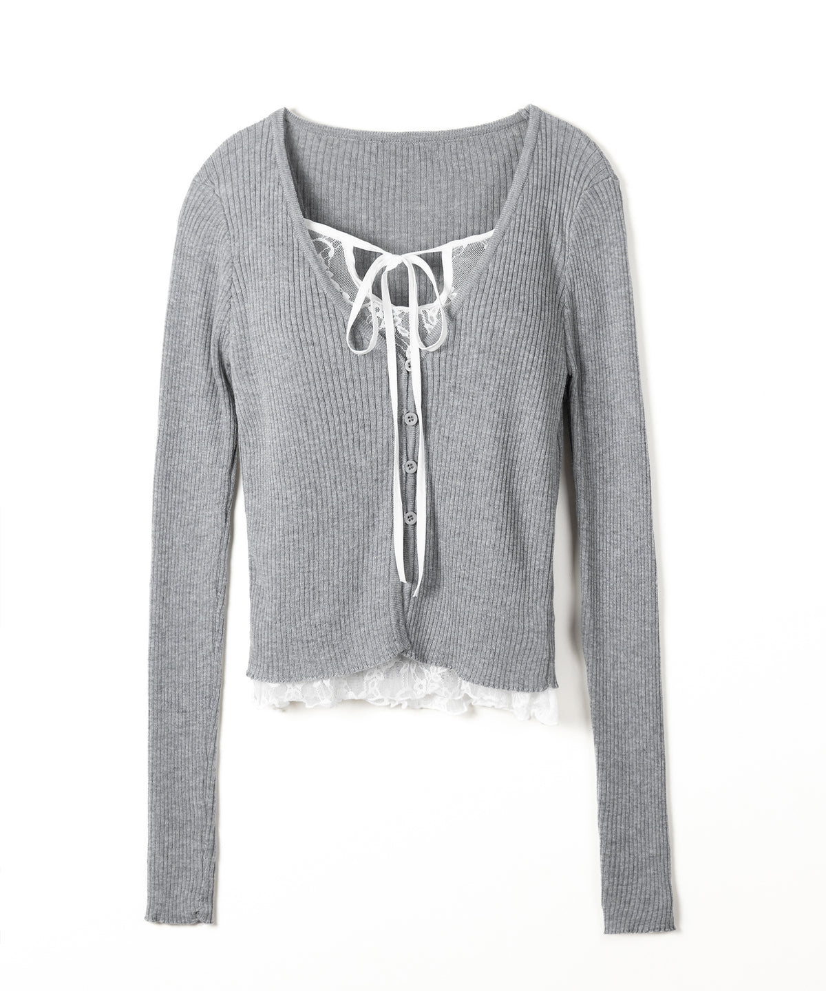 フロントリボンレースレイヤードリブニットカーディガン / front ribbon lace layered lib knit cardigan