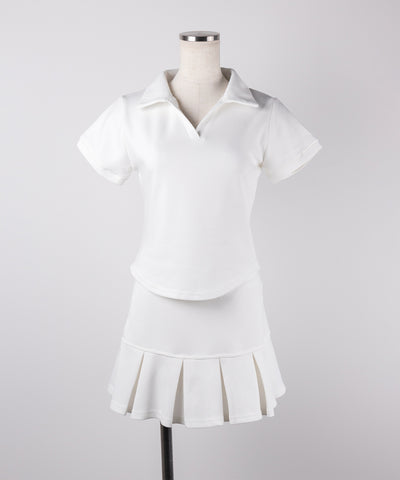 【 2点セット 】スキッパーネック半袖Tシャツ & プリーツミニスカート ワンホンセットアップ / skipper neck short sleeve T-shirt & pleated mini skirt wanghong setup