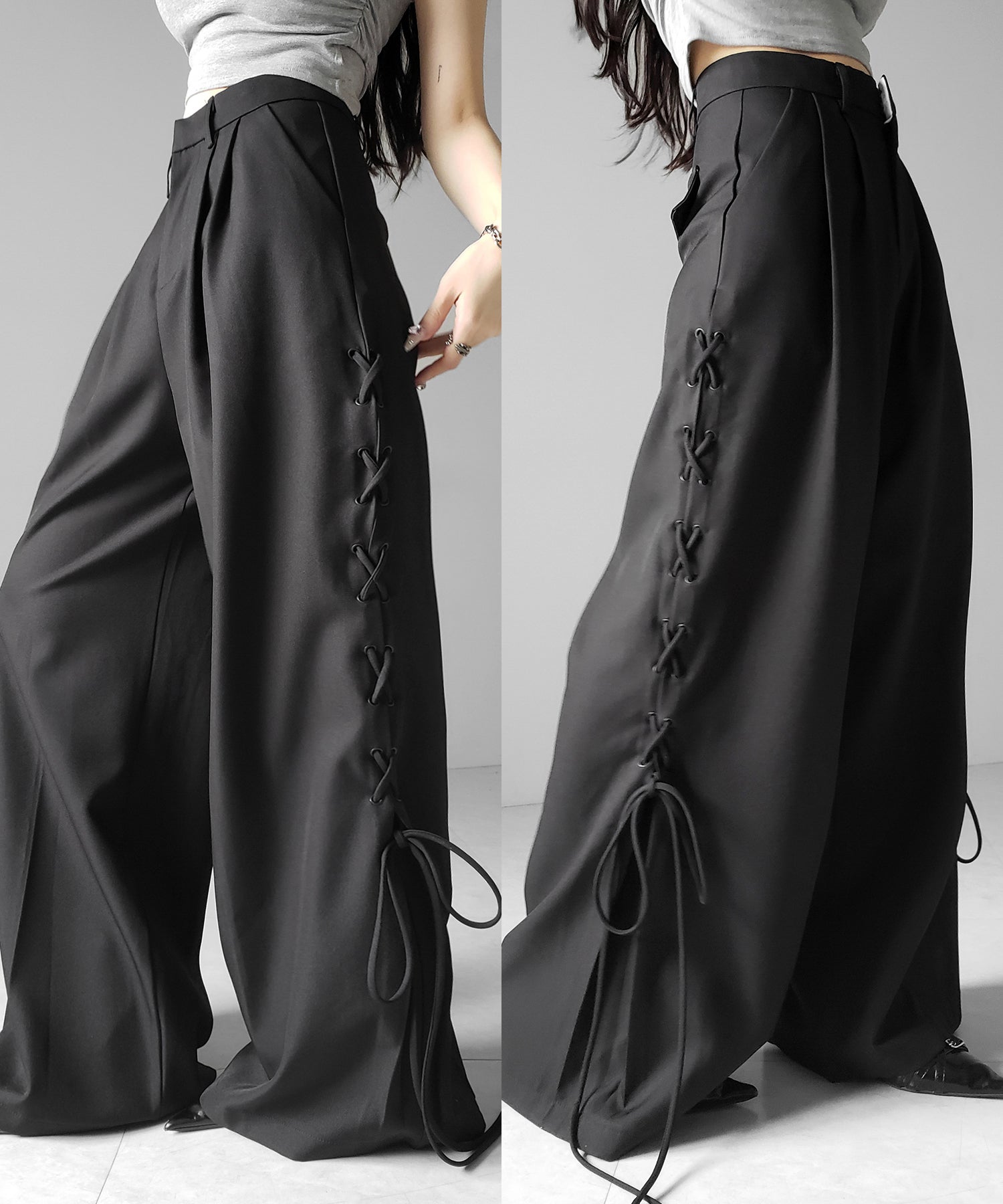 レースアップダブルタックワイドスラックス / laceup double tack wide slacks