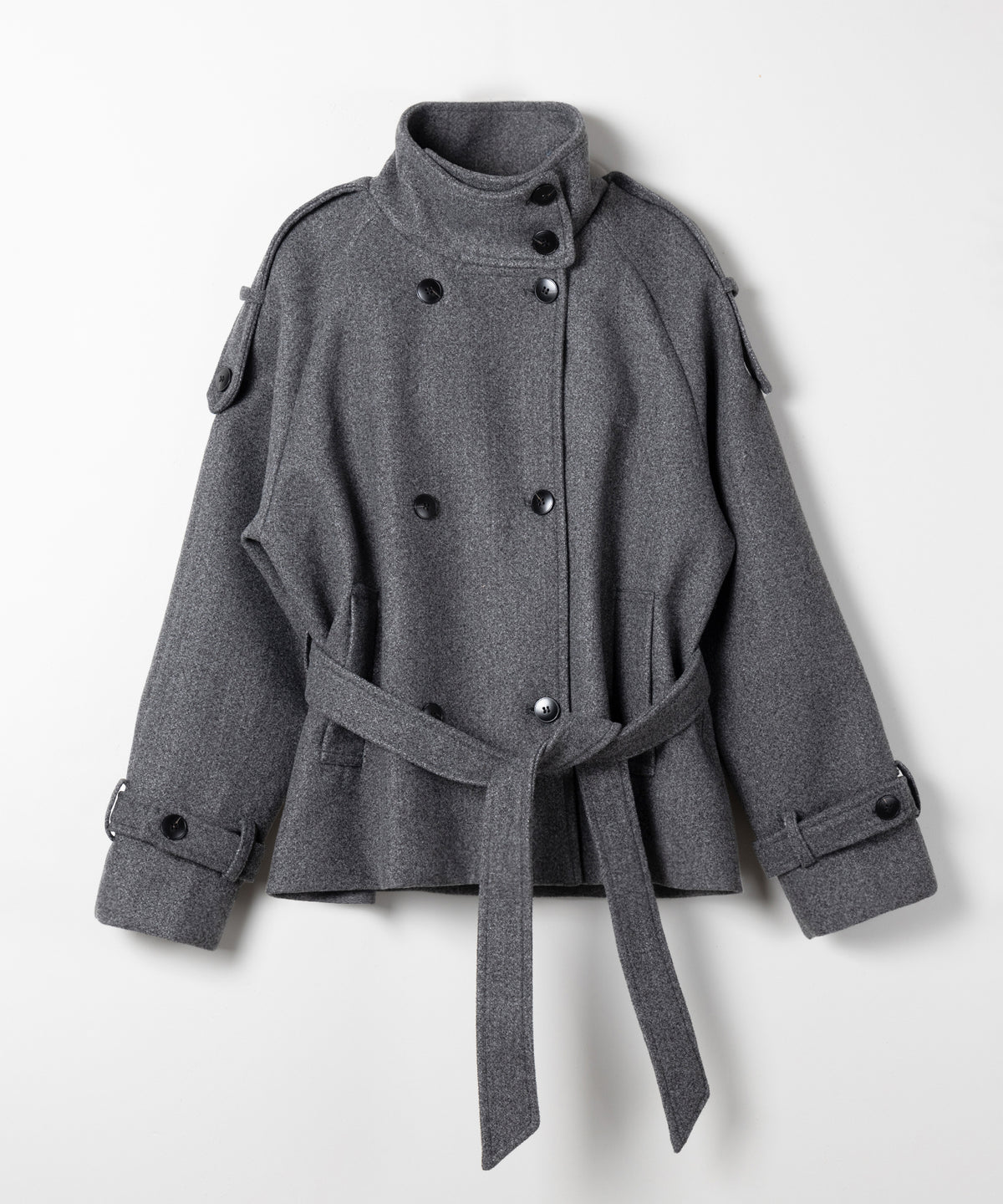 【 ウエストベルト付き 】スタンドネック ダブルブレスト ウールライクメルトンピーコート / Stand neck double-breasted wool-like melton pea coat