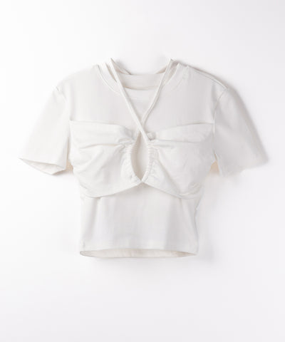 クロスネックレイヤードシャーリングTシャツ / cross neck layered shirring T-shirt