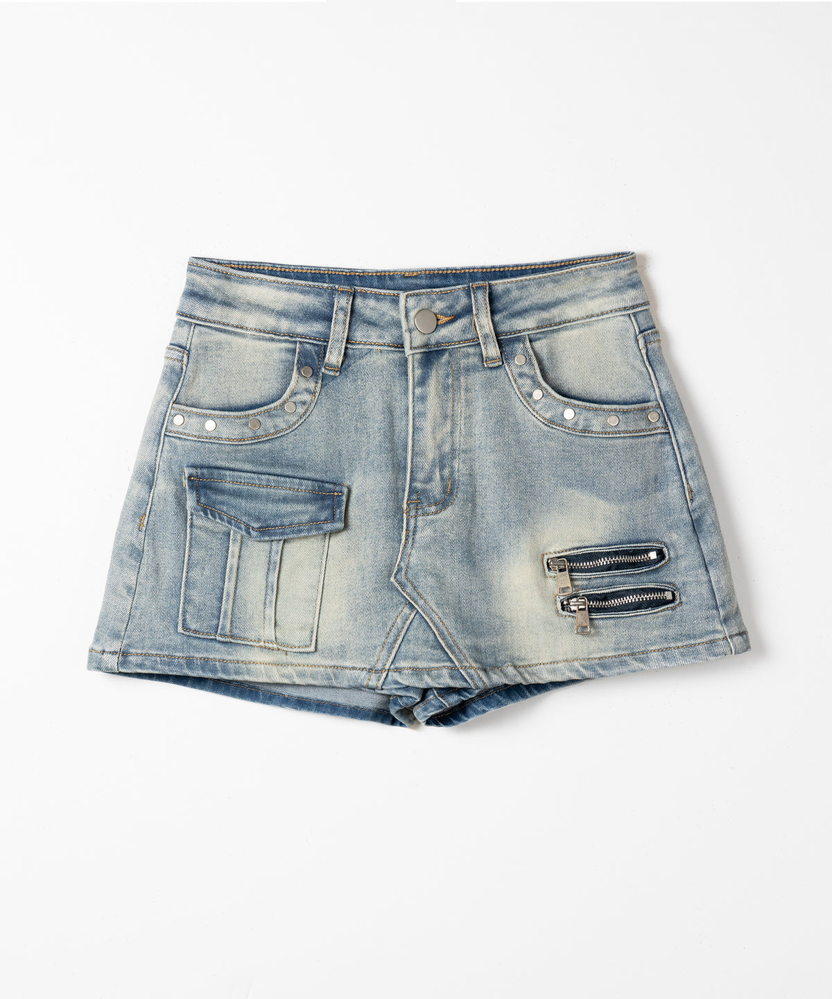 スタッズジップデザインストレッチデニムミニスカパン/ studs zip design stretch denim mini skirt pants