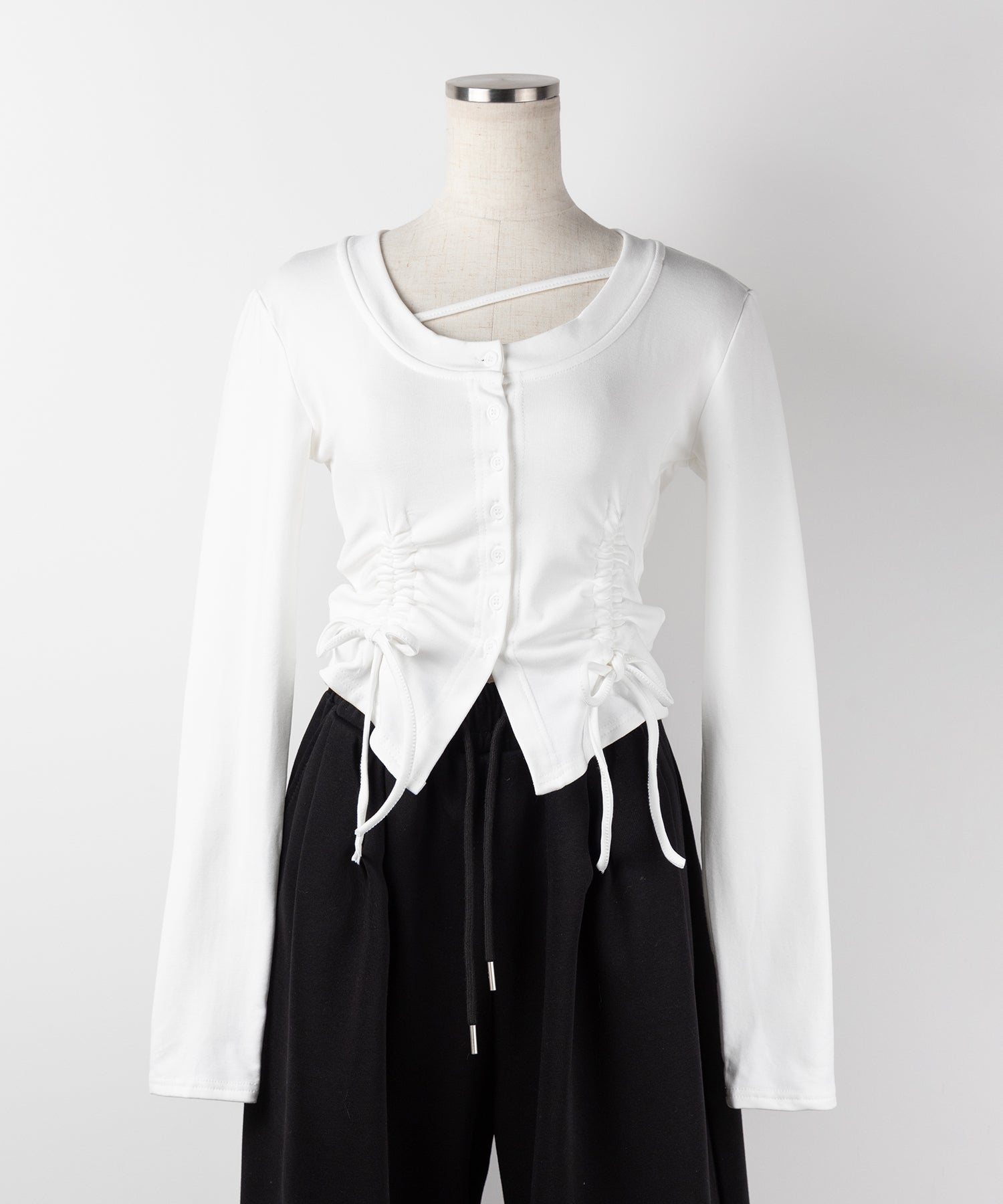 【 2color / 裏起毛 】ナナメストラップダブルシャーリングリボントップス / naname strap double shirring ribbon tops