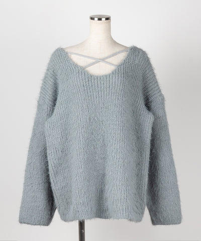 クロスストラップカットアウトルーズシャギーニット