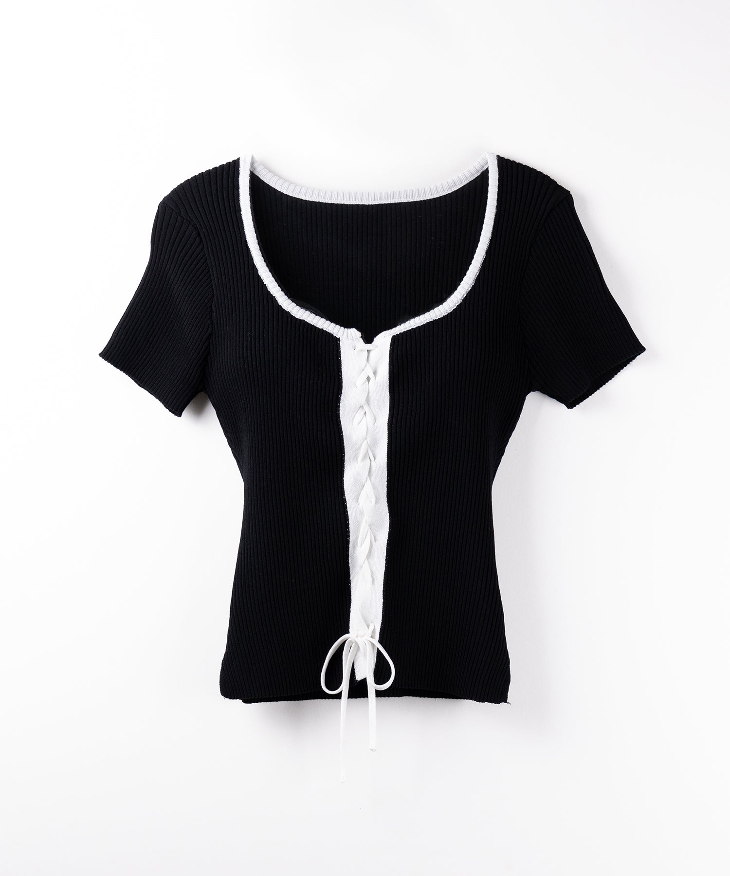 半袖レースアップスリムニットトップス / short-sleeve lace up slim knit tops