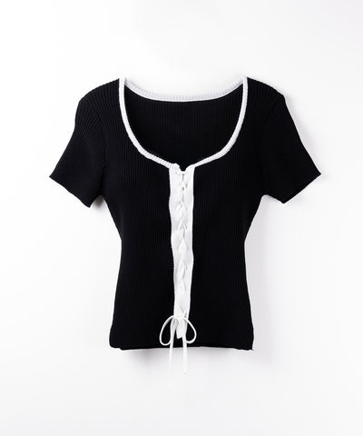 半袖レースアップスリムニットトップス / short-sleeve lace up slim knit tops