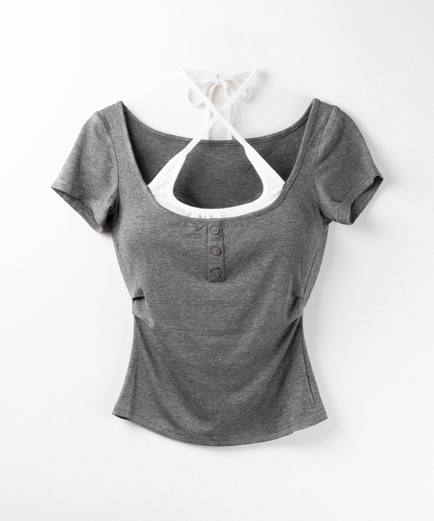 フェイクレイヤードヘンリーネック半袖チビTシャツ / fake layered henley neck short sleeve chibi T-shirt