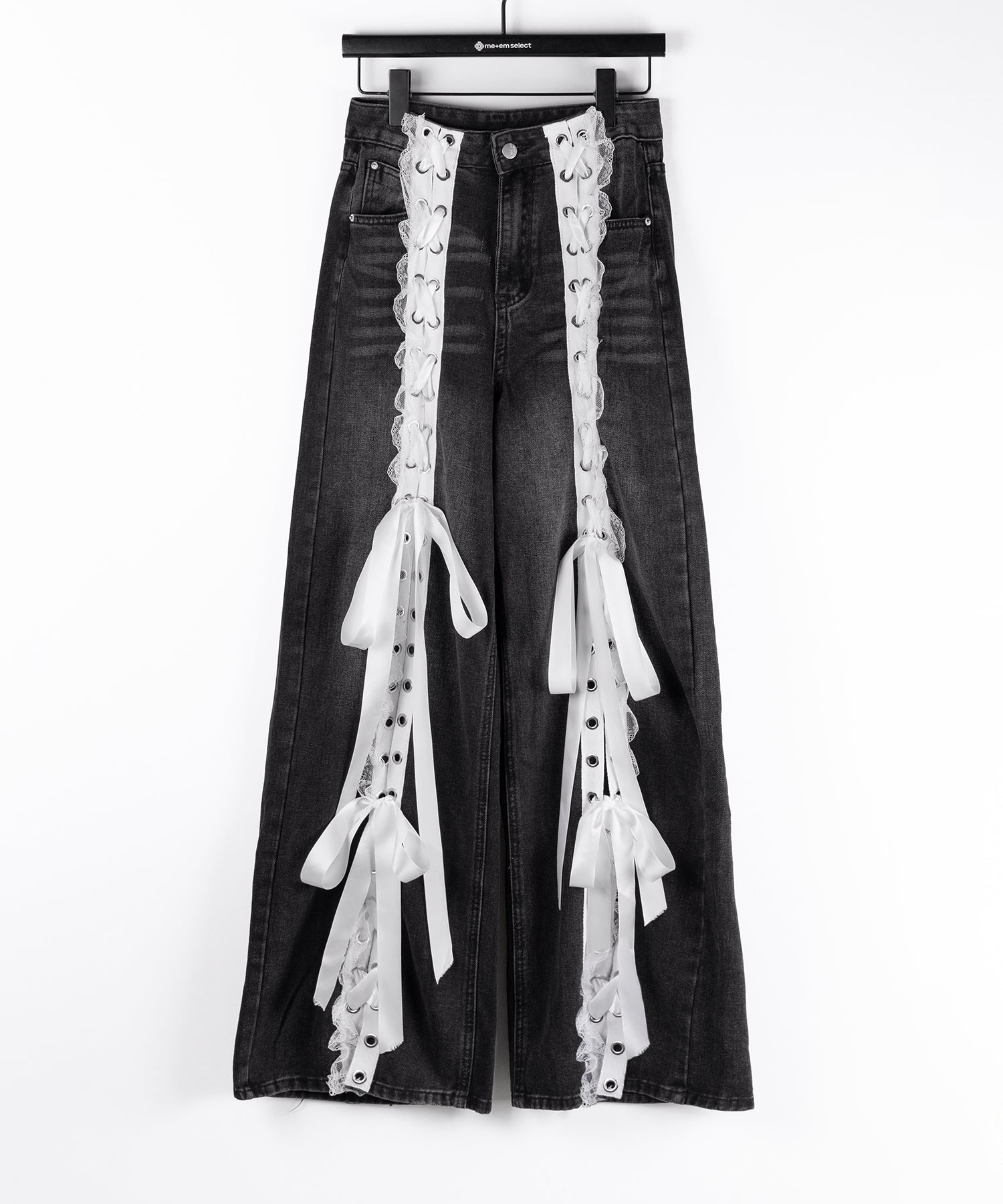 サテンリボンレースアップワイドデニムパンツ / satin ribbon lace up wide denim pants