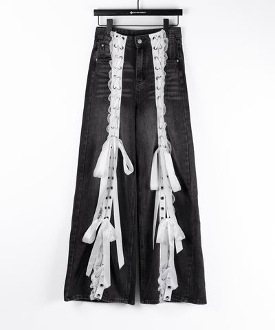 サテンリボンレースアップワイドデニムパンツ / satin ribbon lace up wide denim pants