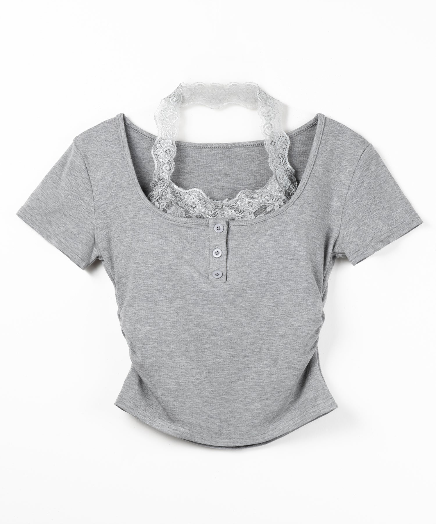 レースレイヤードホルターヘンリーネック半袖Tシャツ / lace layered halter henley neck short sleeve T-shirt