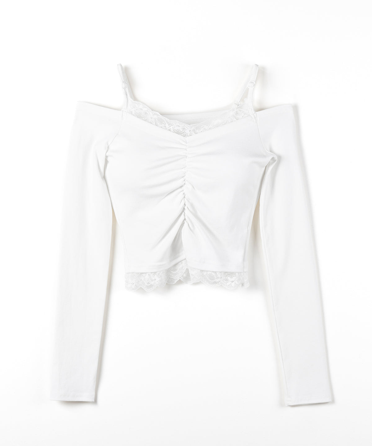 レースレイヤードギャザーオフショル長袖Tシャツ / lace layered gather off-shoulder long-sleeved T-shirts