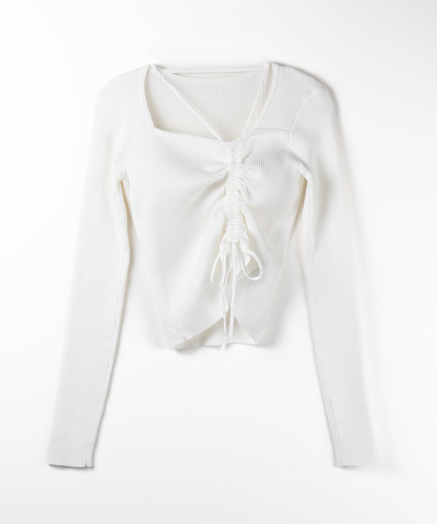 ダブルストラップシャーリングリボンリブニットトップス / double strap shirring ribbon ribbed knit tops