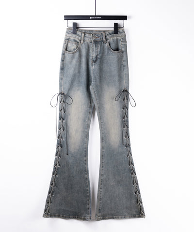レースアップカットアウトストレッチフレアデニム / lace up cutout stretch flare denim