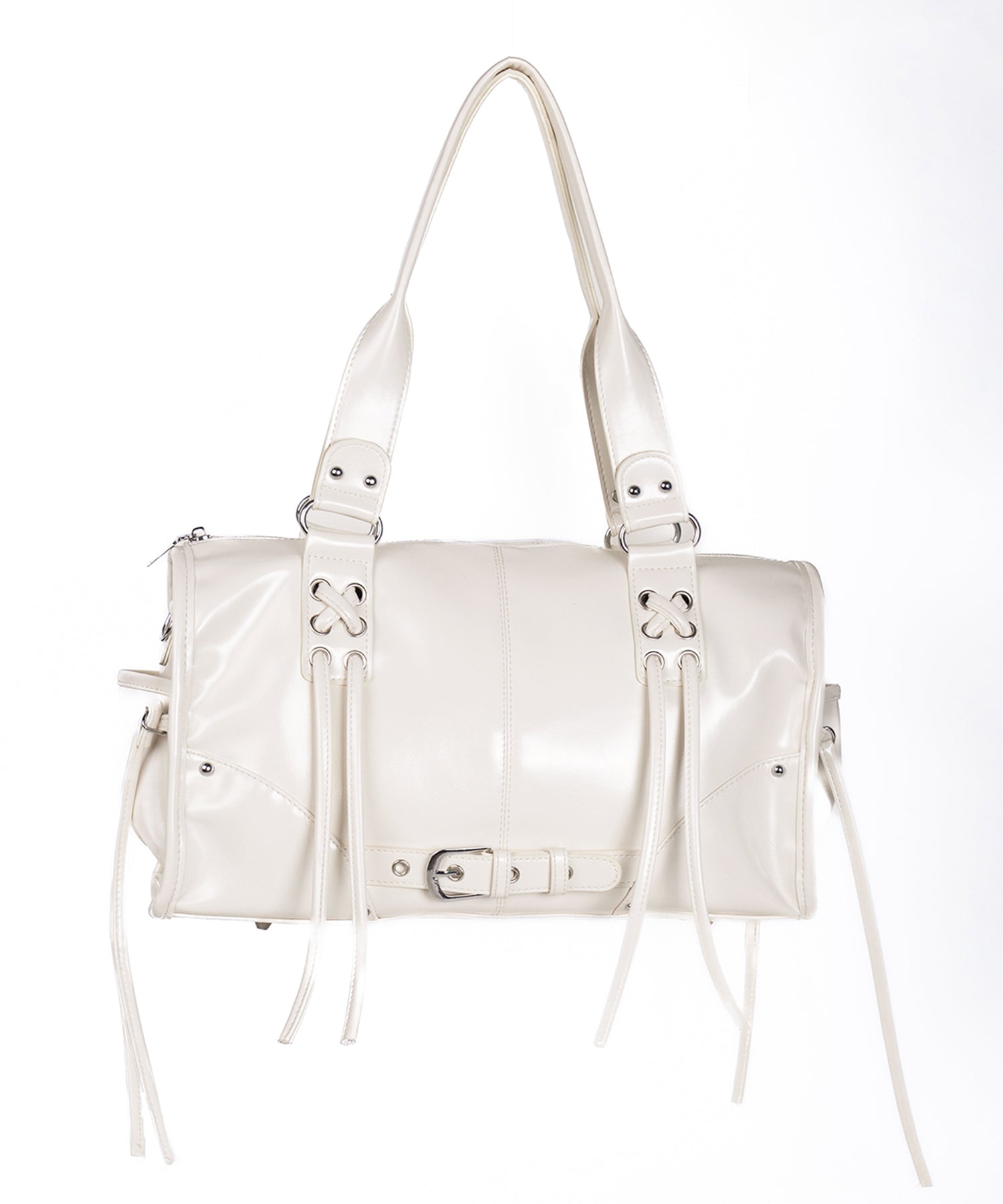 【 ショルダーストラップ付き2WAY 】レースアップベルテッドフリンジボストンショルダーバッグ/lace up belted fringe boston shoulder bag