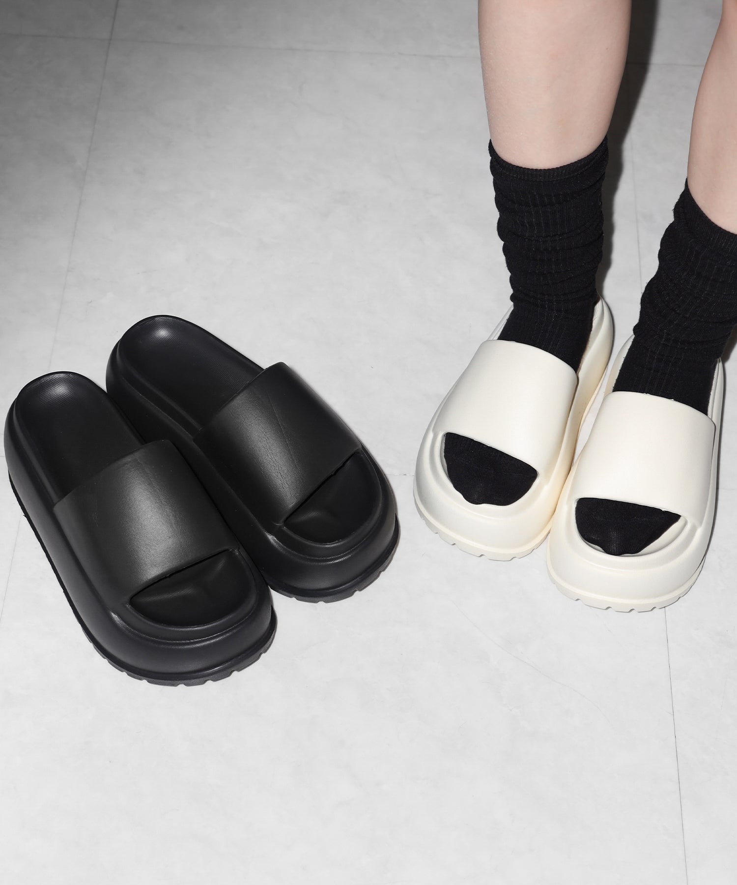 厚底ボリュームソールパフィースライドサンダル/platform volume sole puffy slide sandals