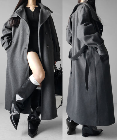 【 ウエストマークベルトSET 】2WAY スタンドカラーレディメルトントレンチロングコート / 2WAY stand collar lady melton trench long coat