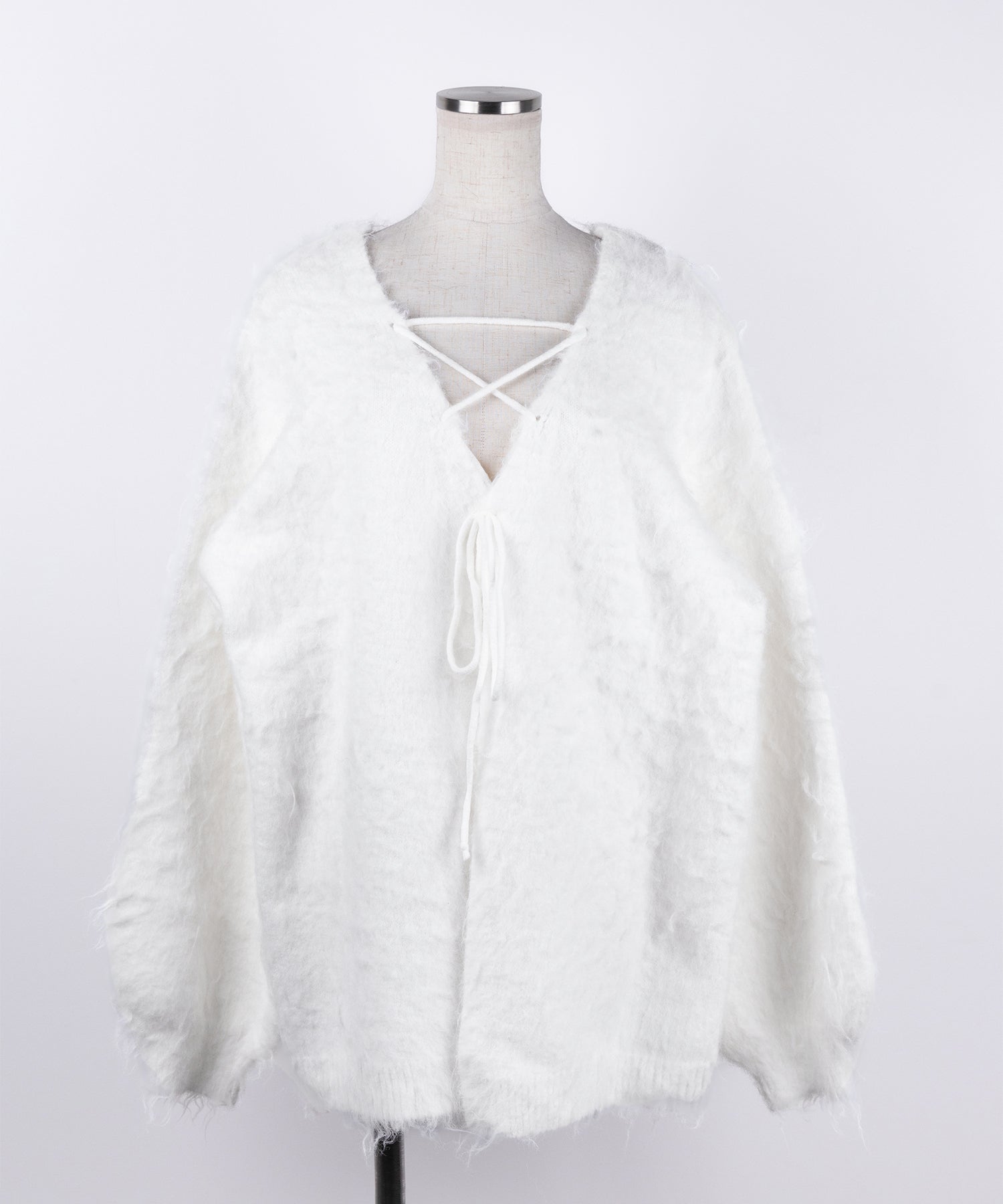 レースアップリボンオーバーシャギーニットカーディガン / lace up ribbon over shaggy knit cardigan