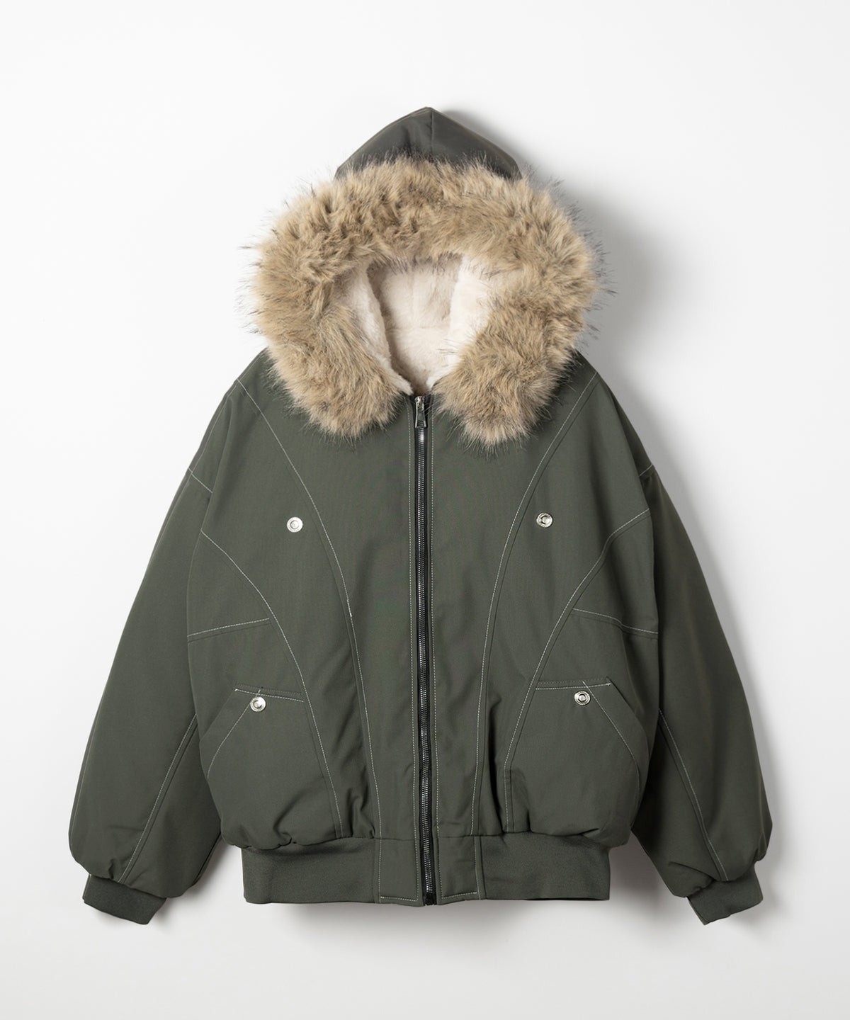 配色ステッチファーフード中綿オーバーブルゾン / stitch fur hood fake down over blouson
