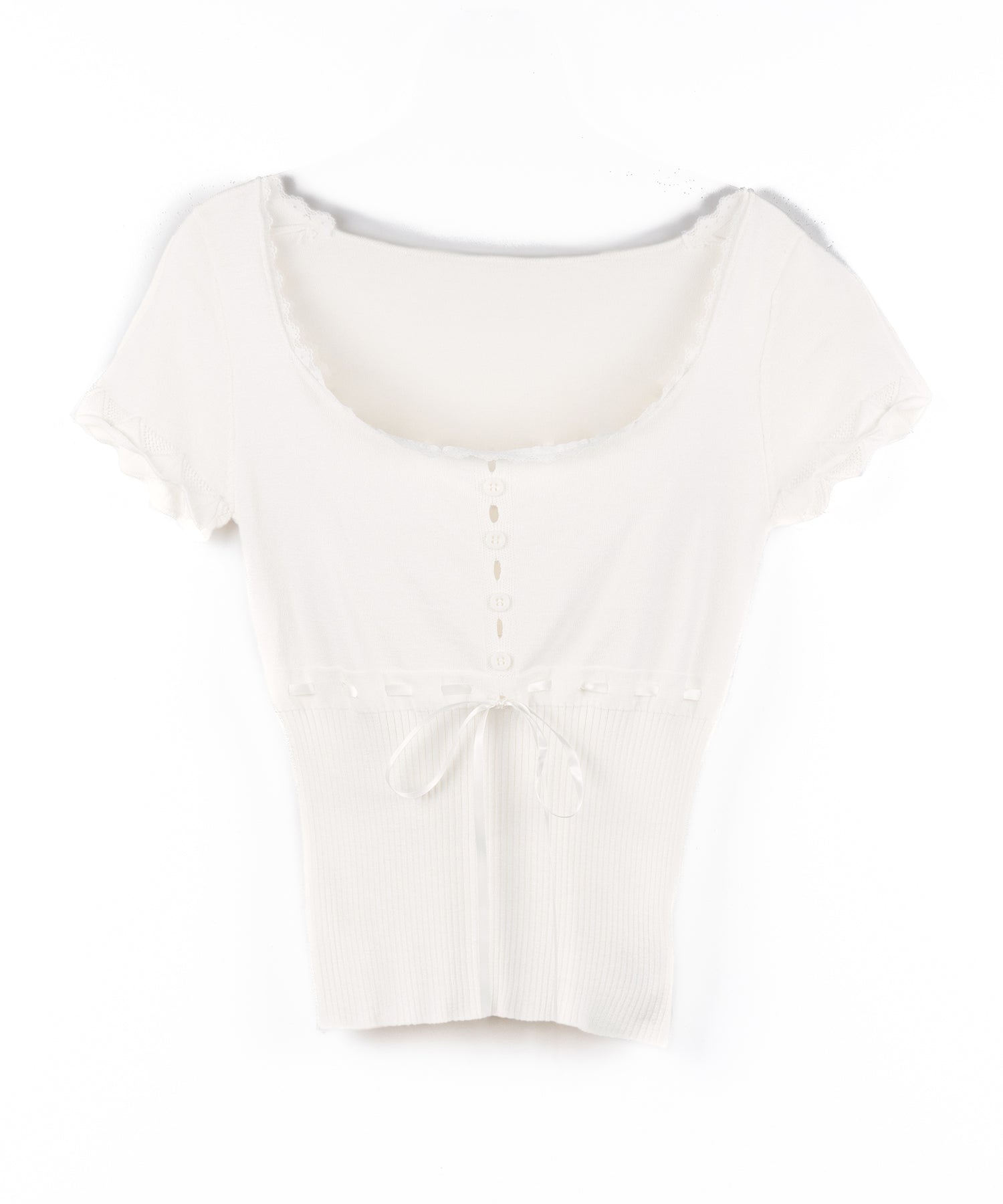 フロントリボンスクエア半袖ニットトップス / front ribbon square short sleeve knit tops