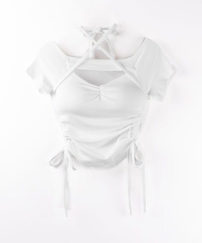 半袖クロスストラップリボンカットアウトオフショルトップス / short sleeve cross strap ribbon cutout offshoulder tops