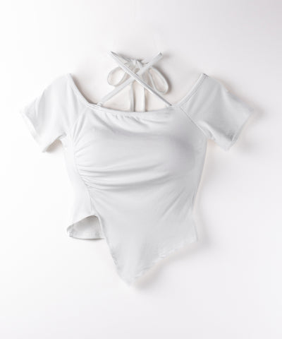 クロスネックアシメギャザーオフショルTシャツ / cross neck asymmetry gather off shoulder T-shirt