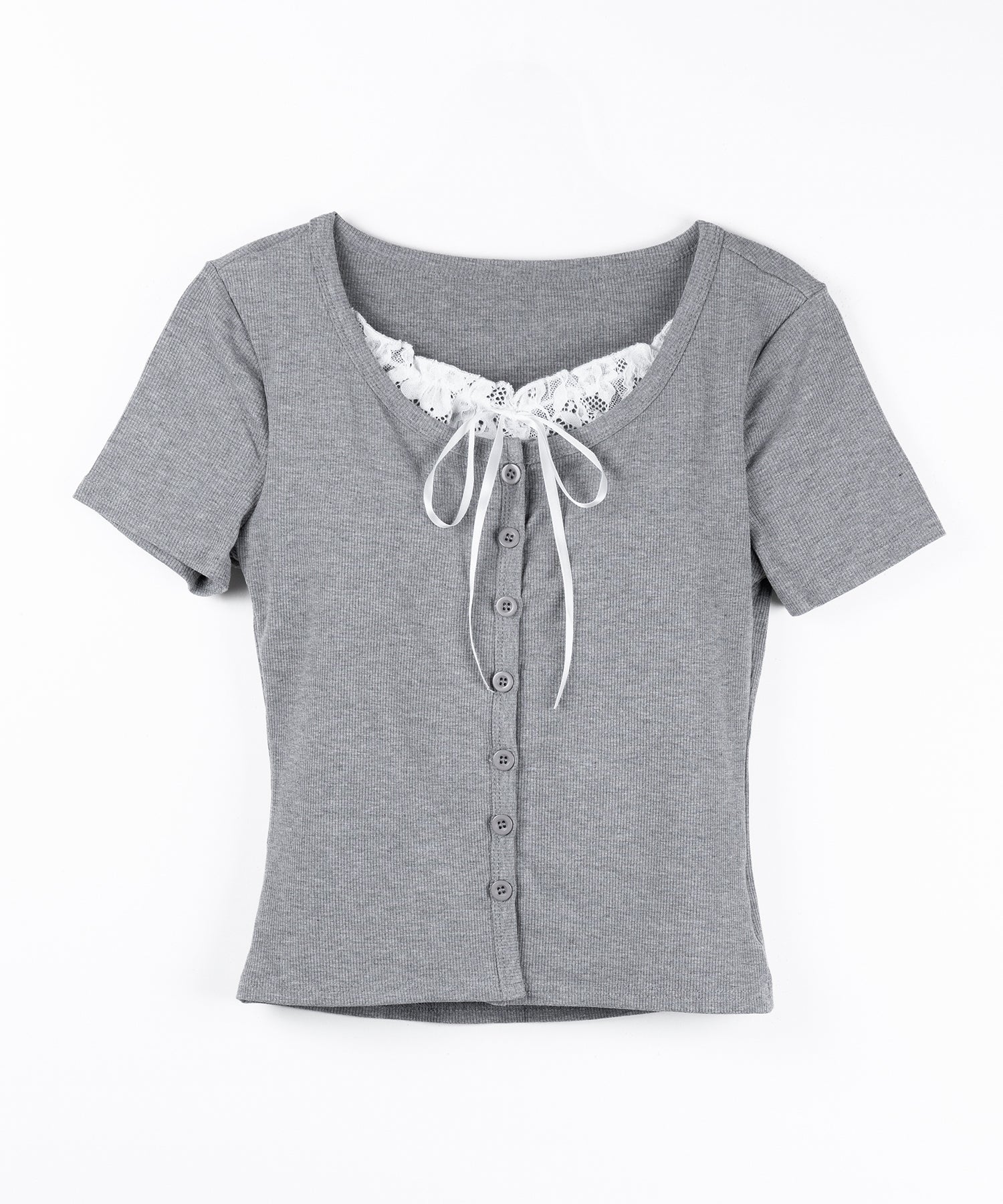 フロントリボンレースレイヤード半袖リブトップス /front ribbon lace layered short sleeve rib tops