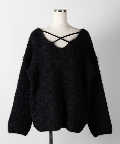 クロスストラップカットアウトルーズシャギーニット