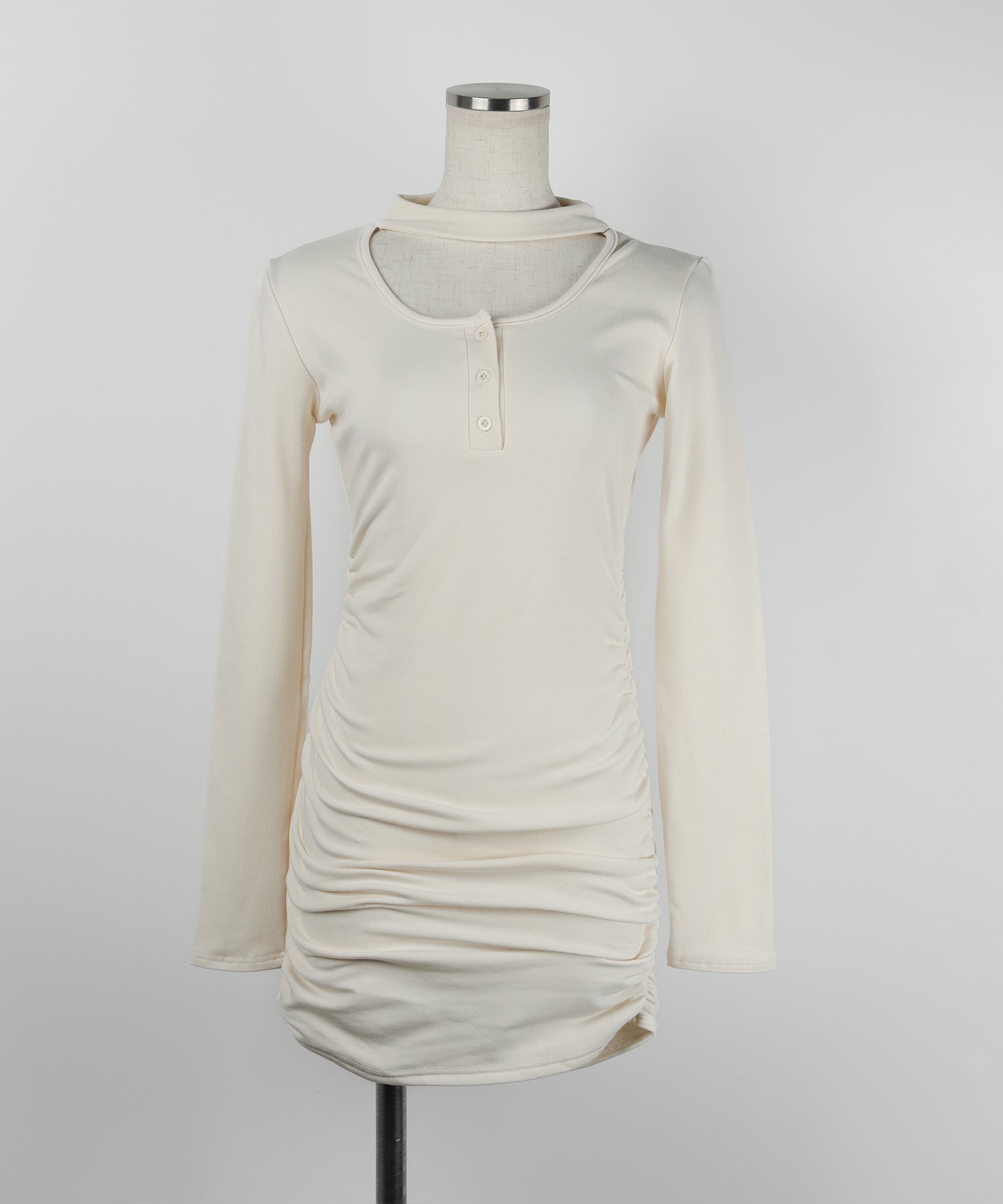 【 3color / 裏起毛 】チョーカーネックシャーリングミニワンピース / choker neck shirring mini onepiece