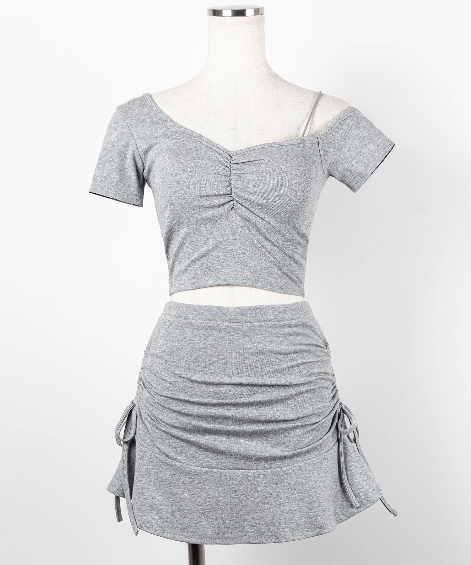 ワンショルギャザートップス + シャーリングリボンスカート SETUP / ( SETUP ) one shoulder gather tops + shirring ribbon skirt SET
