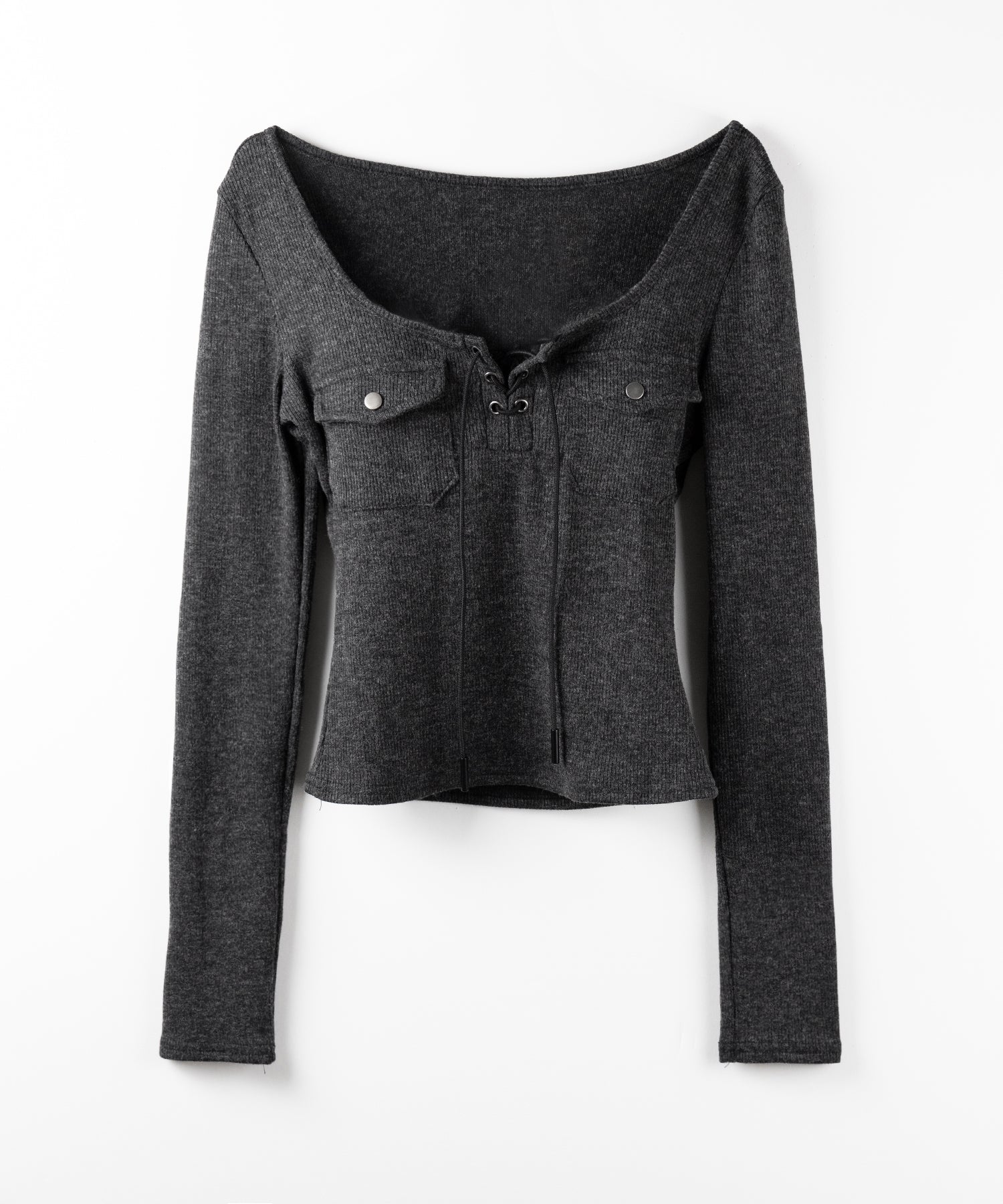 レースアップアウトポケットスリムリブトップス / lace up out pocket slim ribbed tops