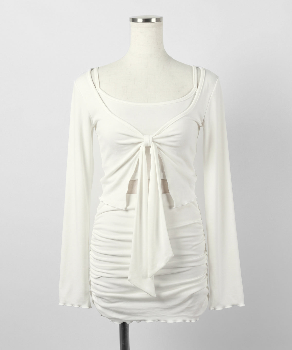 【 3点セット 】フロントリボンメロートップス + キャミソール + シャーリングミニスカート SETUP