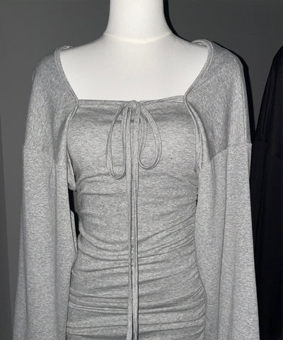 【 2点セット 】シャーリングタイトミニワンピ &フロントリボンショートカーディガン ワンホンセットアップ / shirring tight mini onepiece & front ribbon short cardigan wanghong setup