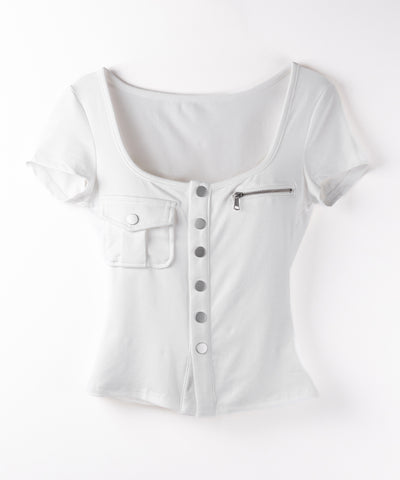 アウトポケットスクエアネックスリムTシャツ /Out pocket square neck slim T-shirt
