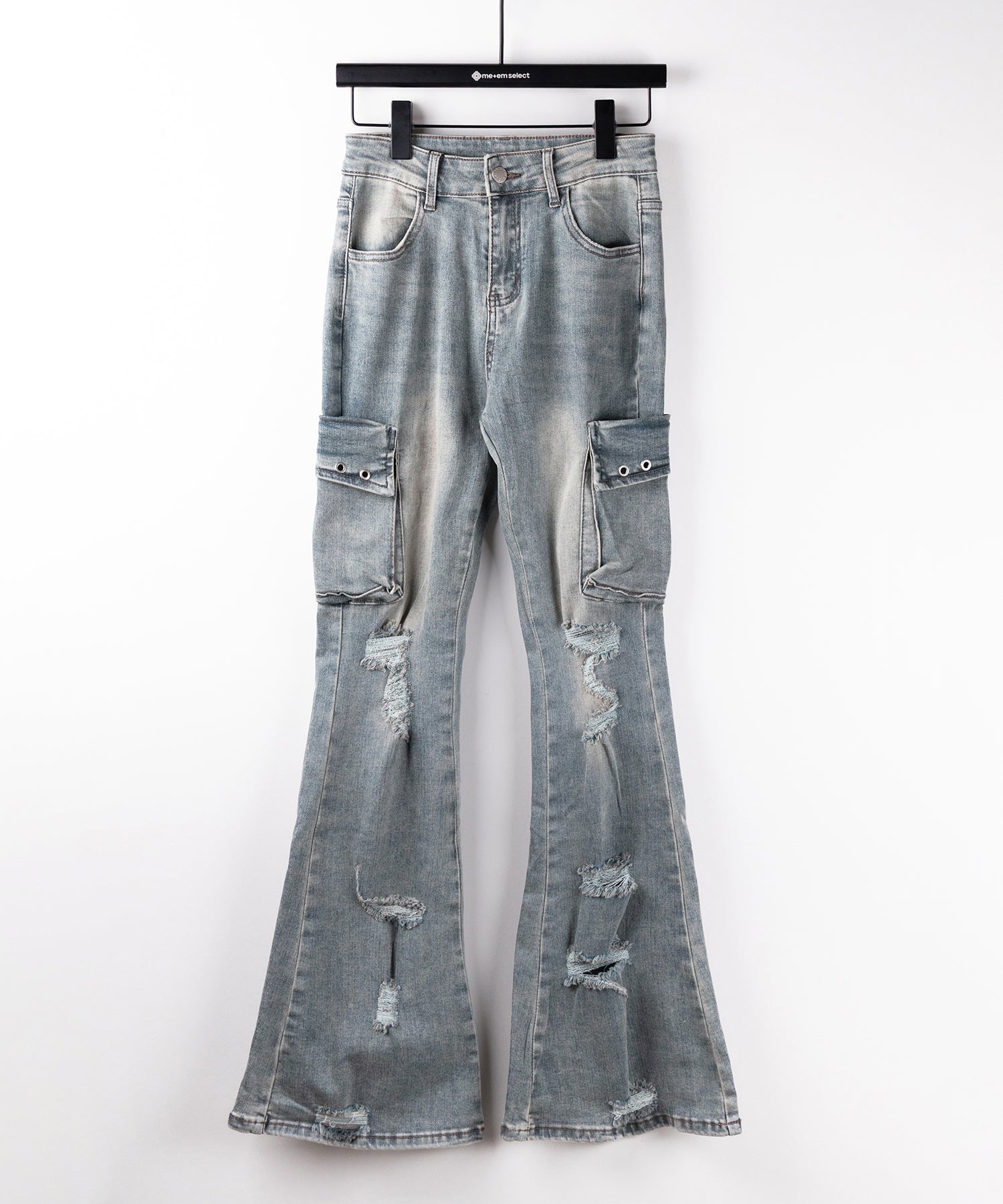 【 2color / 4size 】カーゴデザインヴィンテージライクダメージストレッチフレアデニム / cargo design vintage-like damage stretch flare denim