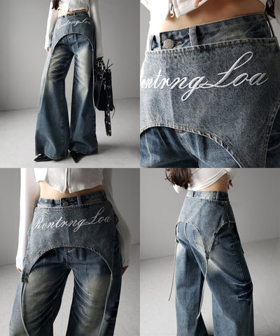 【 2WAY 】レタリングロゴ刺繍ガーターヴィンテージワイドデニム / lettering logo embroidery garter vintage wide denim