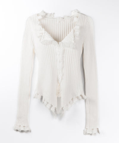 ダメージフリンジリブニットスリムカーディガン / damage fringe rib knit slim cardigan