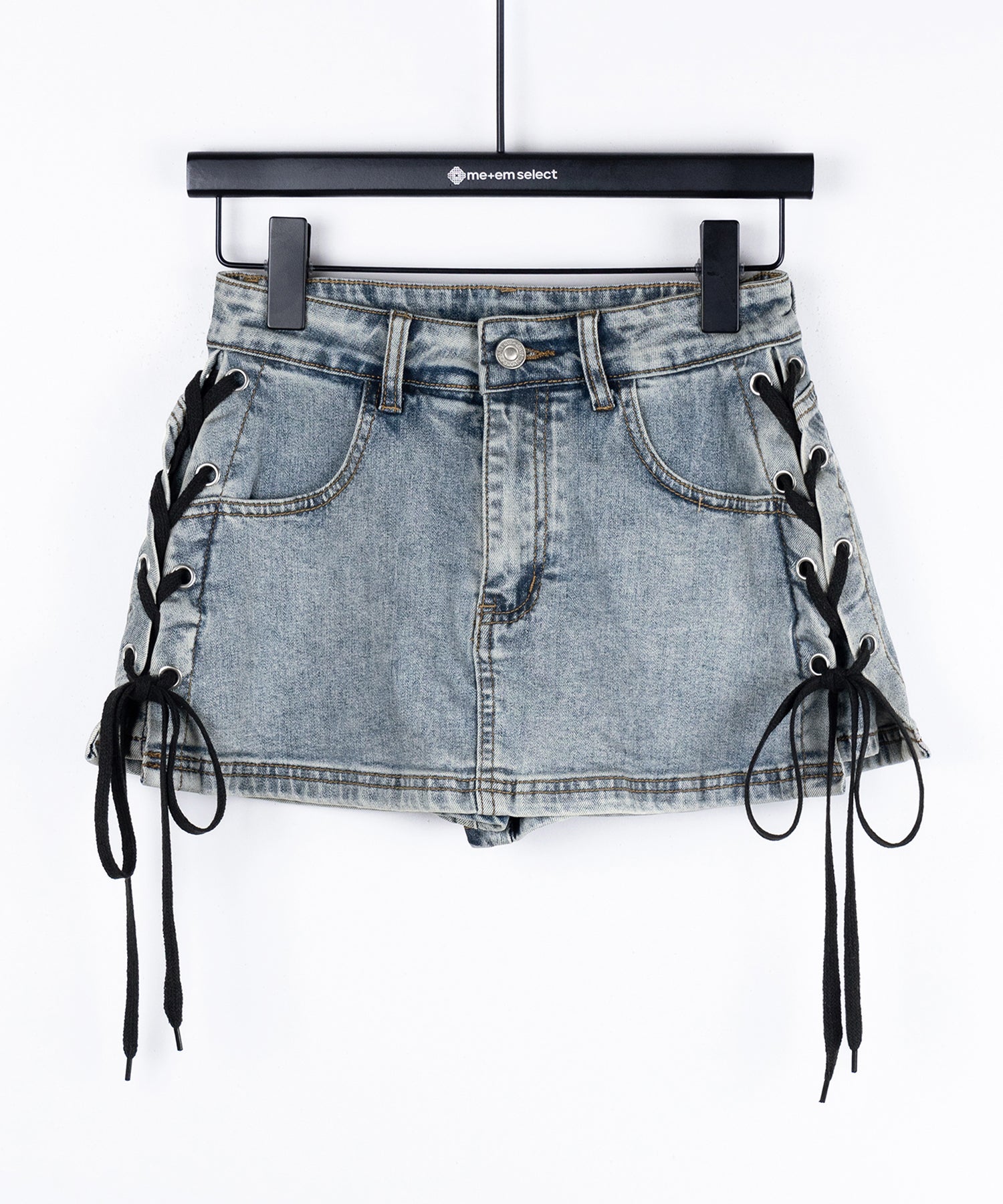 【 インパン裏地付き 】レースアップマイクロデニムミニスカパン / Lace-up micro denim mini skirt pants