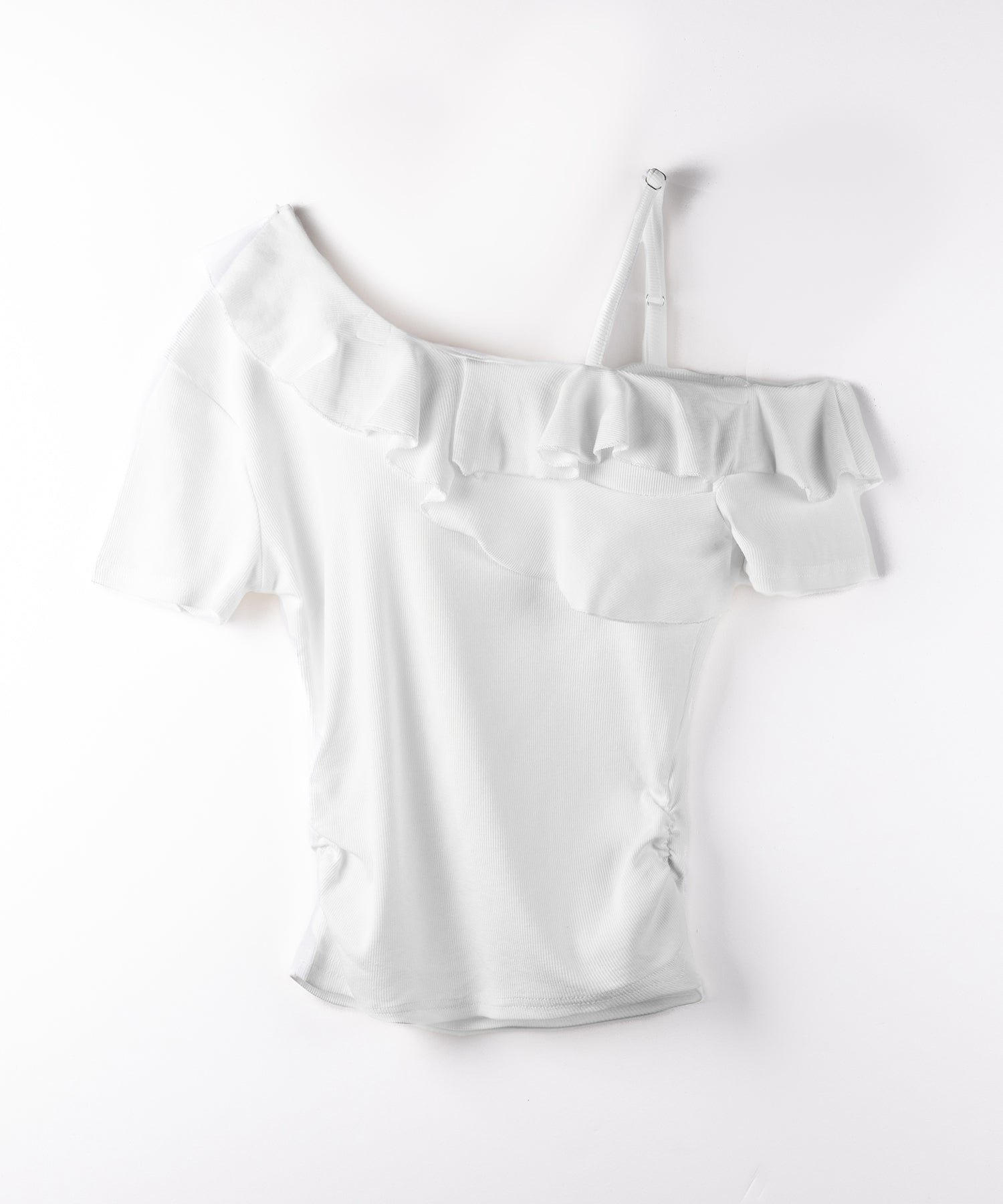 ワンショルストラップフリルリブTシャツ / one shoulder strap frill ribbed T-shirt