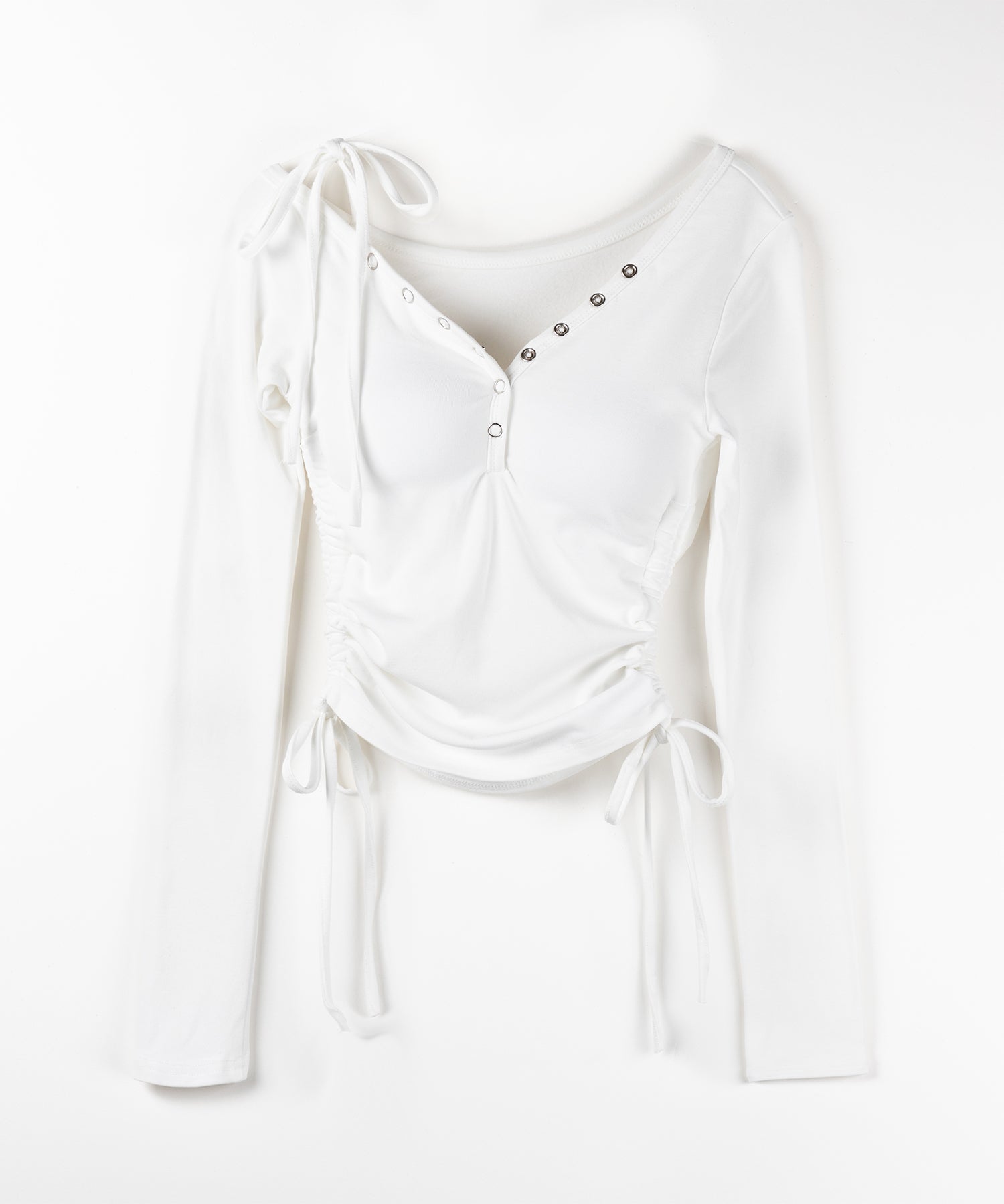 【 2WAY / 裏起毛 】ナナメストラップスナップボタンシャーリングリボントップス / naname strap snap button shirring ribbon tops
