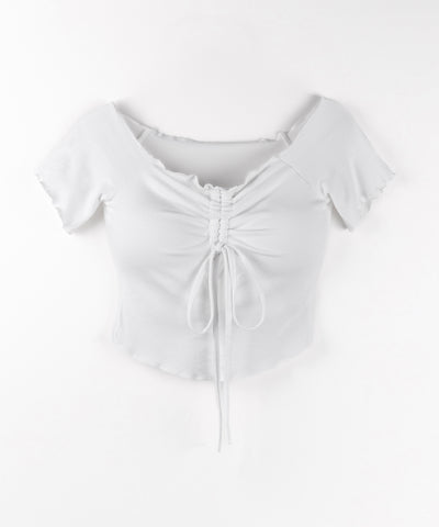 シャーリングリボンオフショルメローTシャツ / shirring ribbon off-shoulder mellow T-shirt