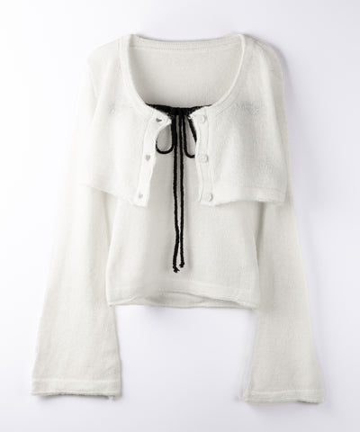 【 2点セット 】フロントリボンニットベアトップ + 長袖ショートカーディガン SET / front ribbon knit bare top + long sleeve short cardigan set