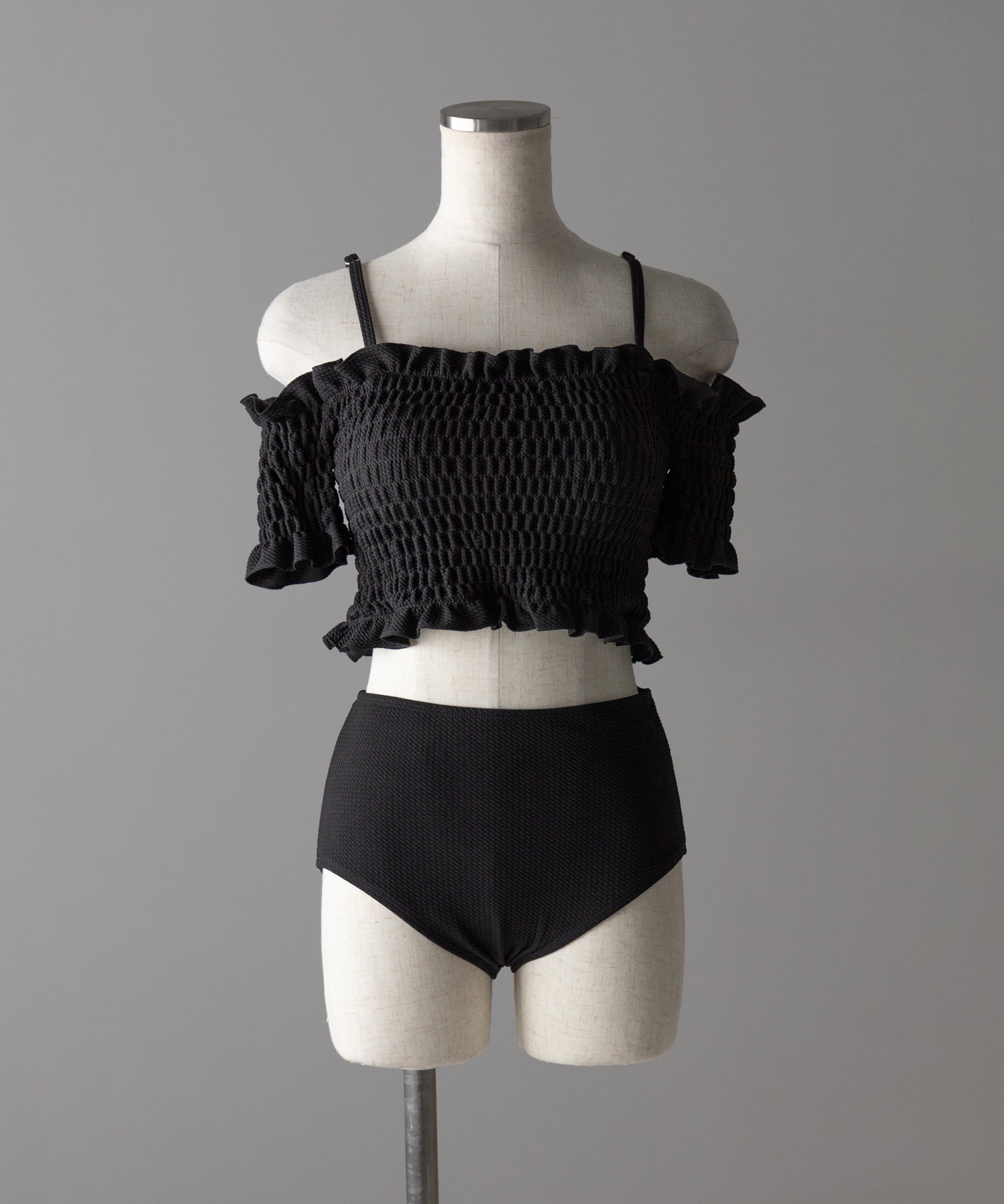 【 レディース水着/2点セット 】オフショルダーシャーリングギャザーハイウエストビキニ / off shoulder shirring gather highwaist bikini