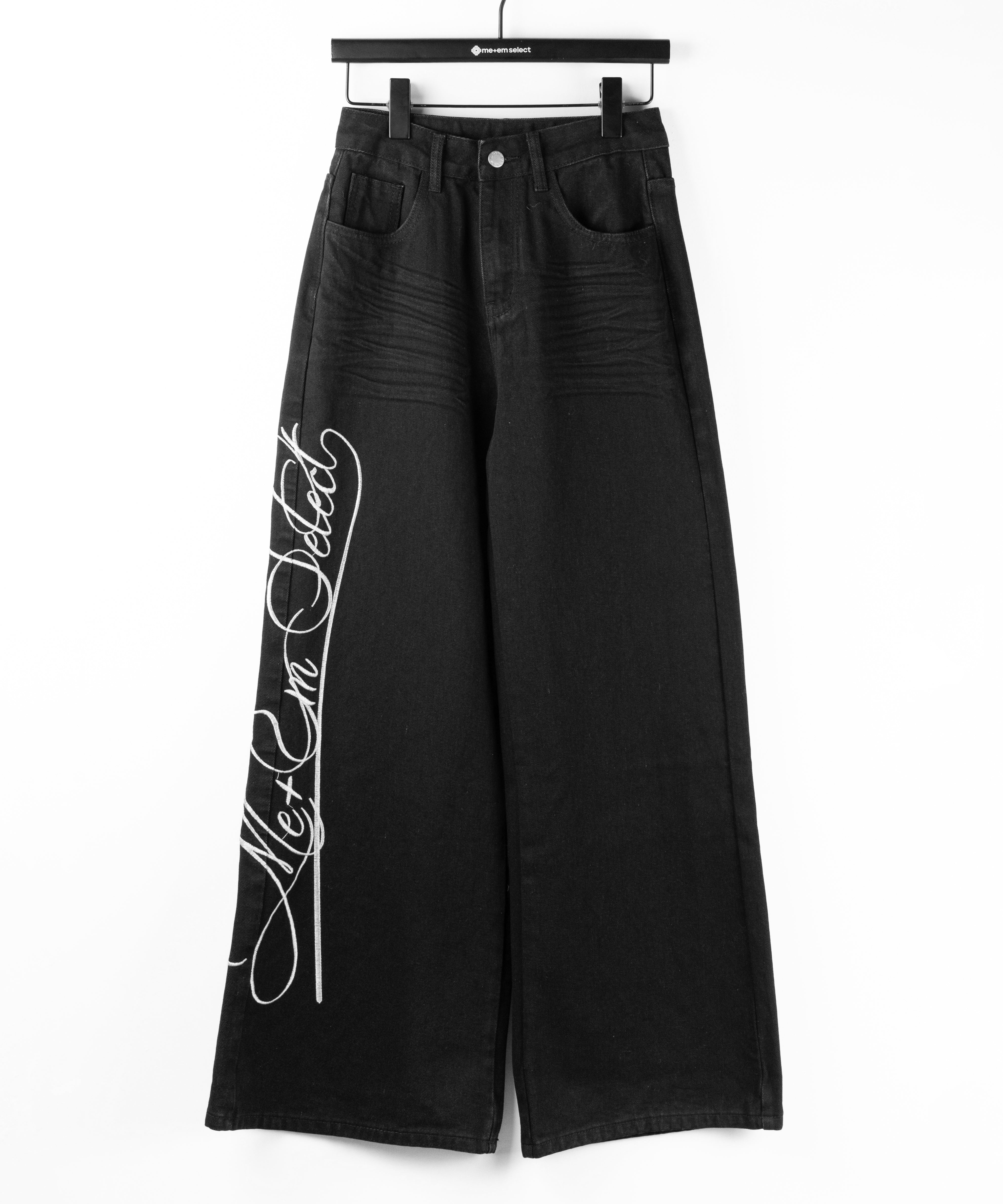 レタリングロゴ刺繍ハイウエストワイドブラックデニム / lettering logo embroidery high waist wide black denim