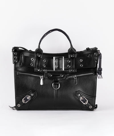 【 ショルダーストラップ付き2WAY 】アイレットベルトジップアップスクエアフォルムハンドバッグ / ( 2WAY ) eyelet belt zipup square form handbag