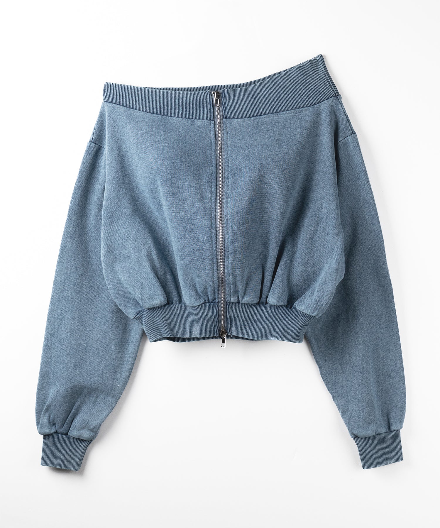 【 2color 】ダブルジップピグメントオフショルスウェットトップス / double zip pigment off shoulder sweat tops